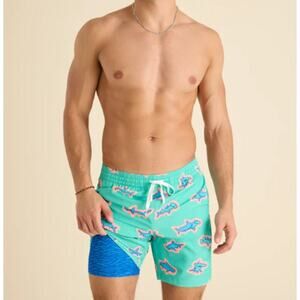 Chubbies Teal Sharks The Apex Swimmers Lined Classic Swim Trunk Size L